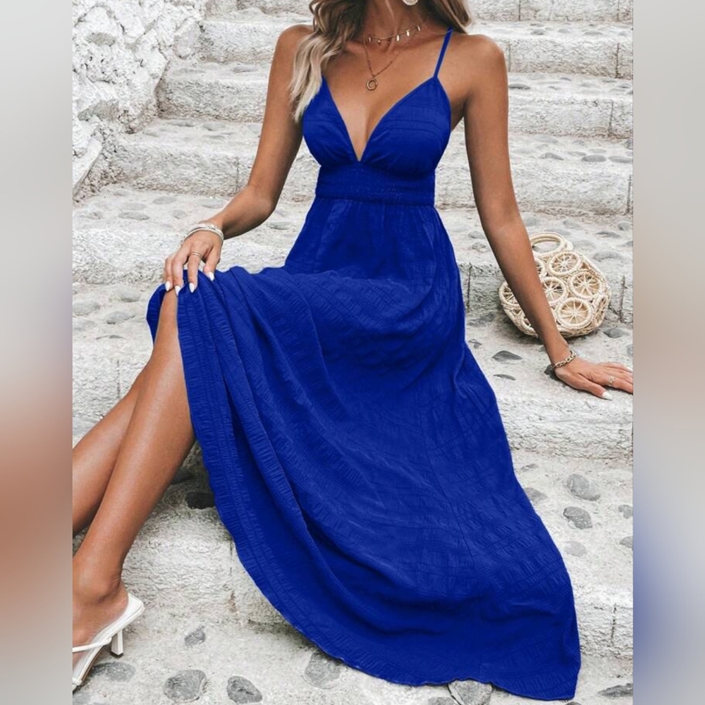 New Flowy Textured Striped Halter Maxi Dress Royal Blue - Picture 2 of 8